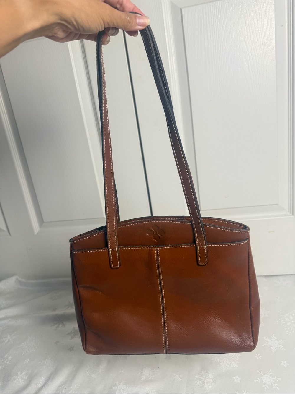 Patricia Nash Cognac Brown Leather Shoulder Tote Bag Contrast Stitching Boho